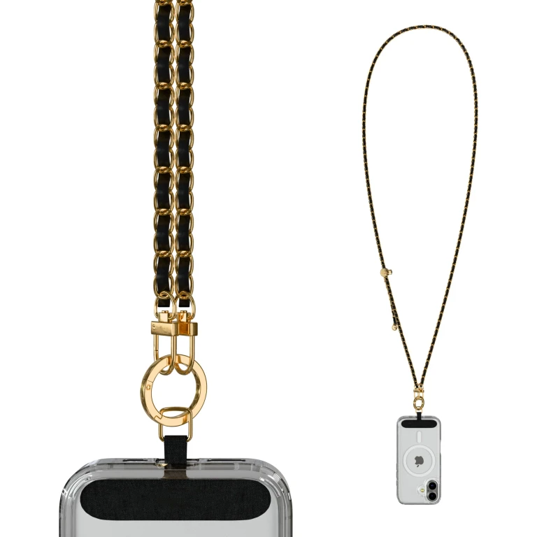 Crossbody Phone Strap - Gold Chain & Black Vegan Leather Phone Lanyard