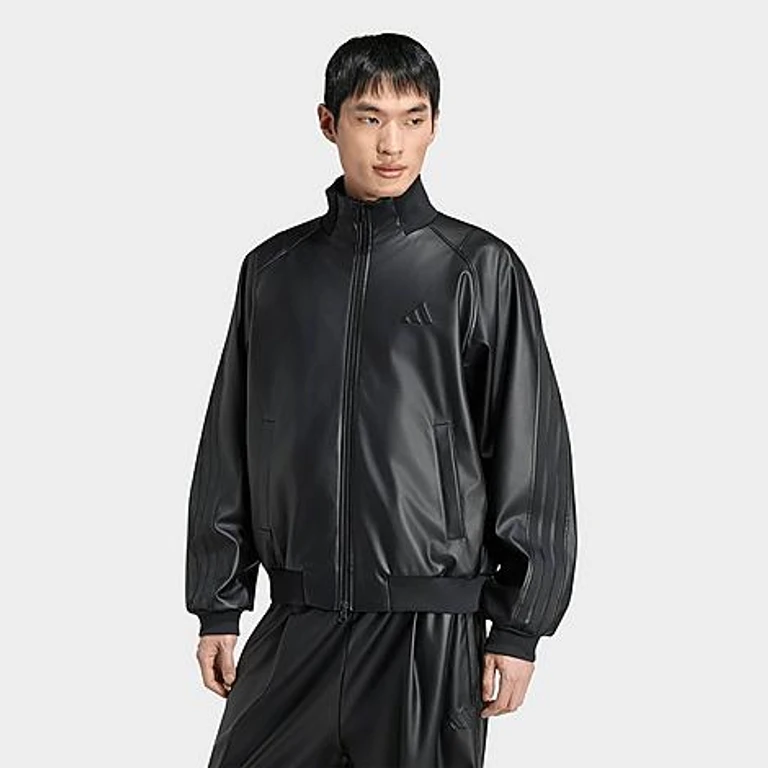 Men's Stadium Loose Faux Leather Track Jacket in Black Size: Small