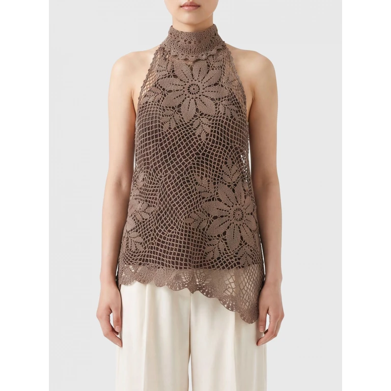 Crochet Cotton Halterneck Top with a Turtleneck Design (155526BROWN)