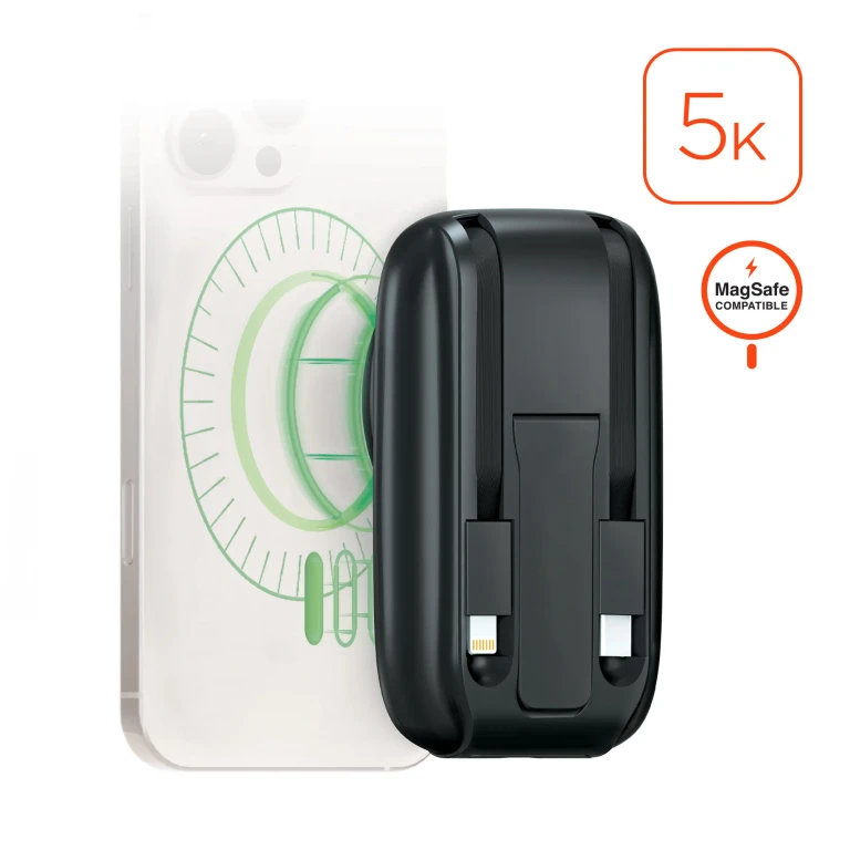 5,000mAh Magnetic Wireless Fast Charge Power Bank with Built-In USB-C & Lightning Cables