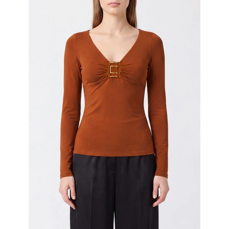 ELISABETTA FRANCHI Long-Sleeved Slim Fit Top in Stretch Viscose with V-Neck (MD00567E2FK3)