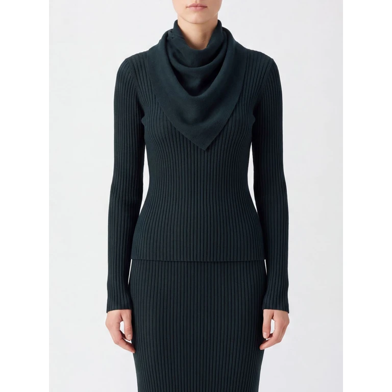 Long-Sleeved Ribbed Merino Wool Top with Pussy-Bow Neck (9480TF261BOGR)