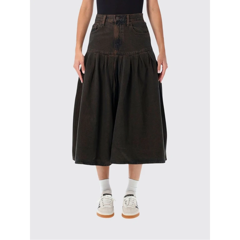 High-Waisted A-Line Denim Midi Skirt with Bull Pockets (0089T0001)