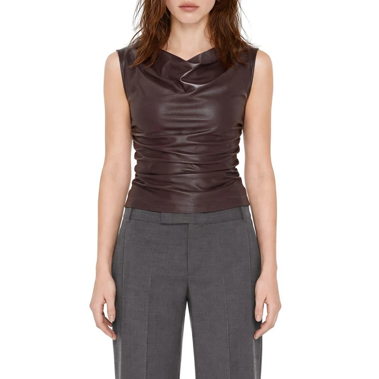 Sleeveless Faux Leather Top with Draped Neckline (8C0113E005B887)