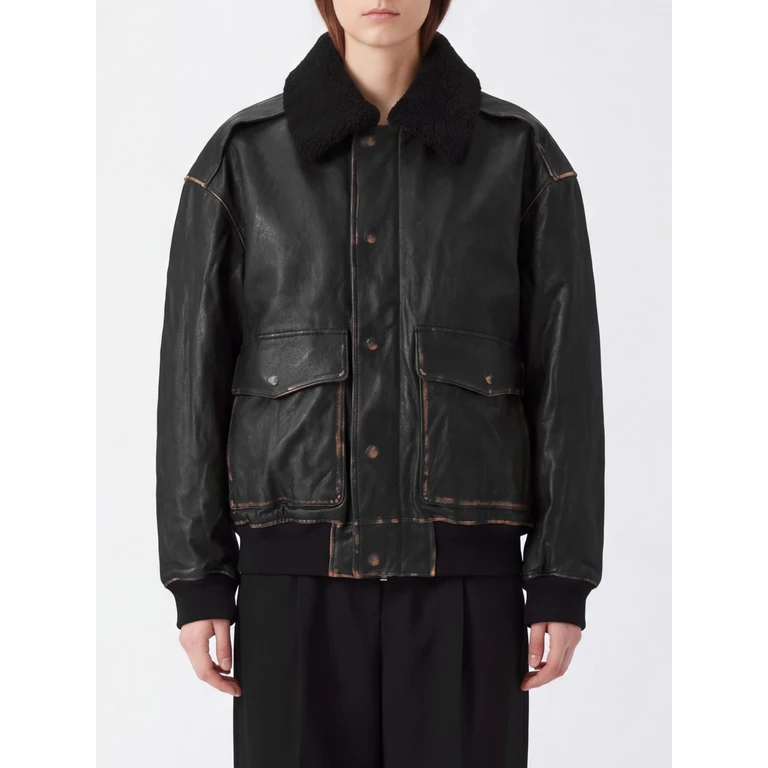 Lambskin Leather Bomber Jacket with Fur Collar and Elasticated Cuffs (UDJU6C102G3)