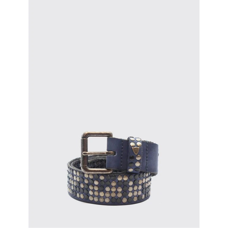 Leather Belt with Artisanal Embroidery and Logo Buckle (25WHTCI040DARKBLUE)