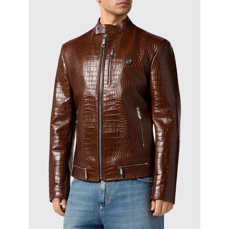 Crocodile Print Leather Biker Jacket (SAFCMLB2035PLE010N04)