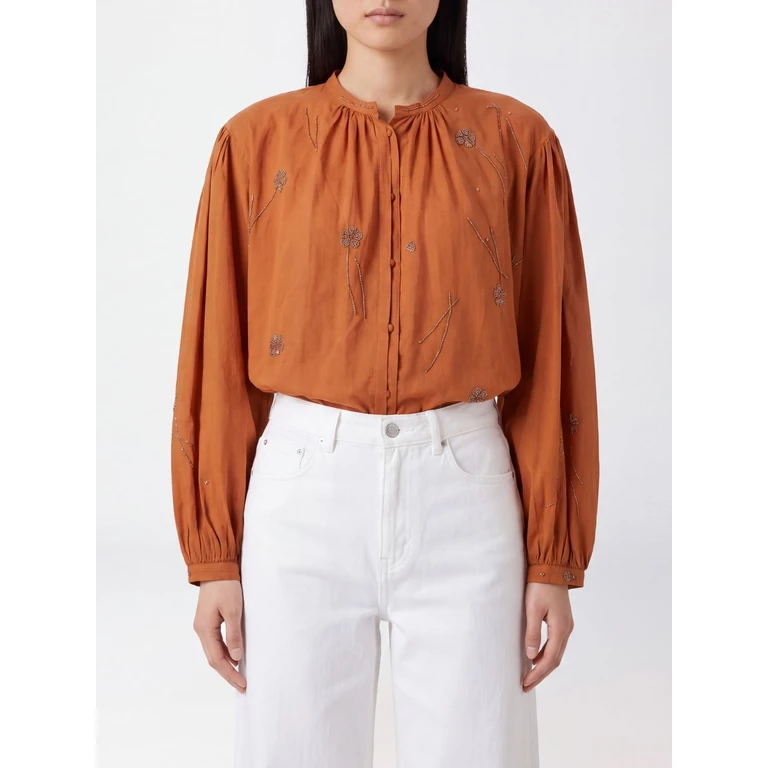 Cotton and Silk Blouse with Floral Embroidery and Rhinestone Appliqués (15048MYSHIRTF50A)