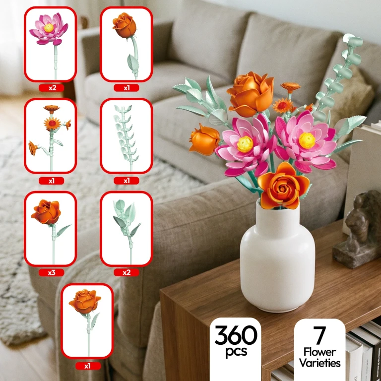 Flower Bouquet Building Set BK10, 360-Piece Floral Brick Kit With Adjustable Stems, DIY Home Décor Gift for Kids, Teens & Adults Ages 8+