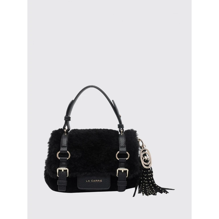 Faux Fur Mini Handbag with Fringes, Logo Charm and Flat Handle (162MXS511FUEBLACK)