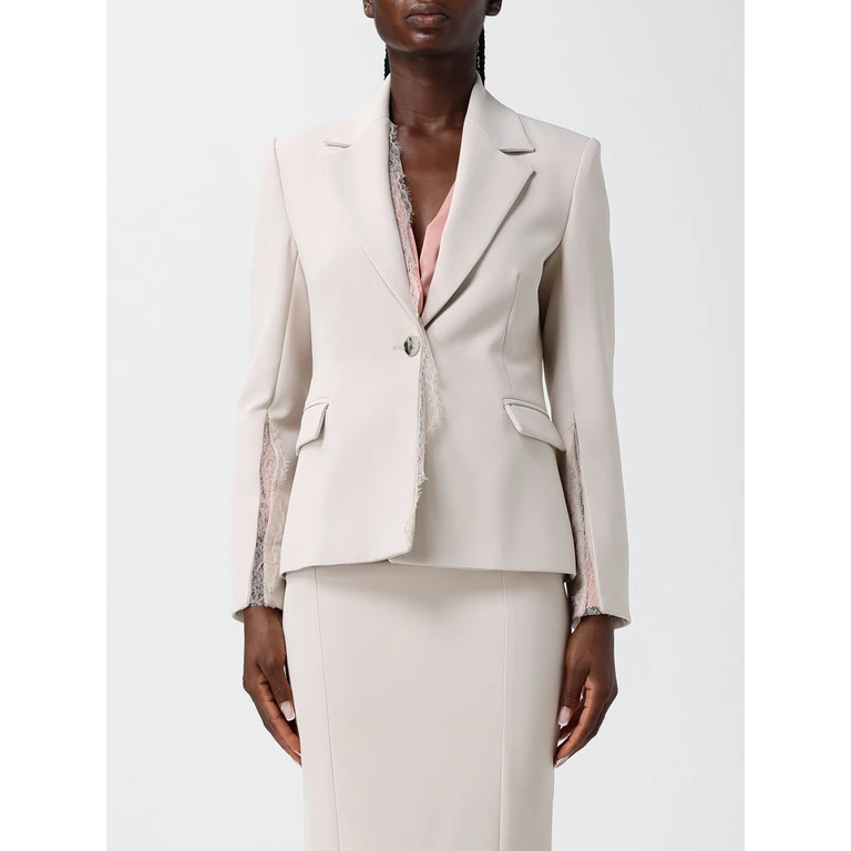Single-Breasted Polyester Blazer with Lace Inserts and V-Revers (HJ13314723MOUSSE)