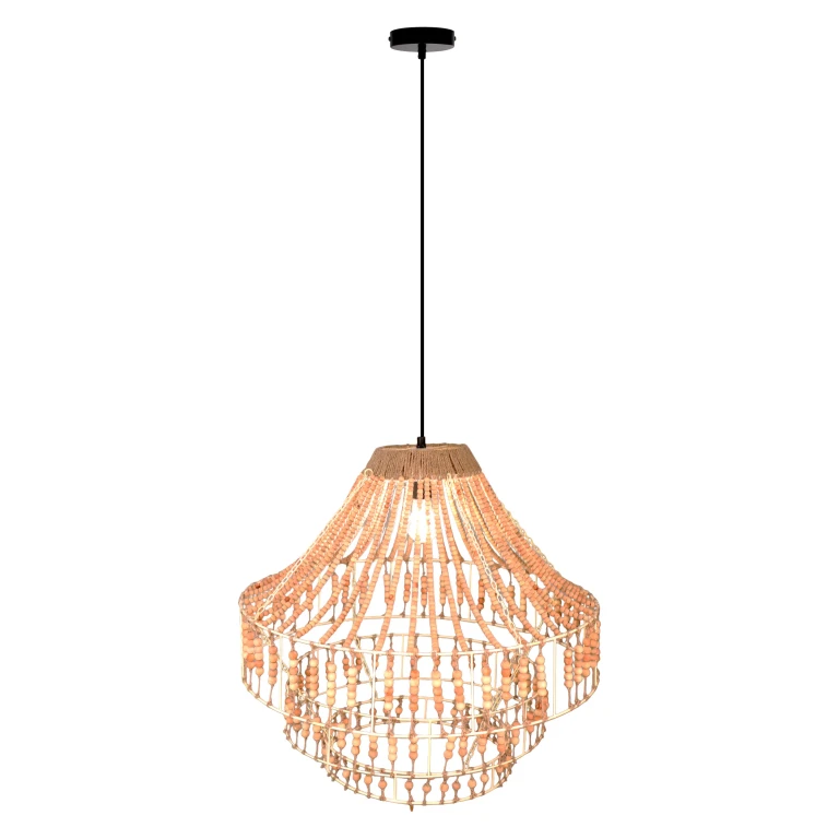 Arlo 26"W Ivory and Black Metal Dome Pendant Light with Mango Wood Beads