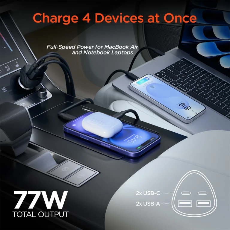 77W Quad-Port Fast Car Charger with 4ft USB-C Cable - Dual 30W USB-C PD/PPS Car Charger