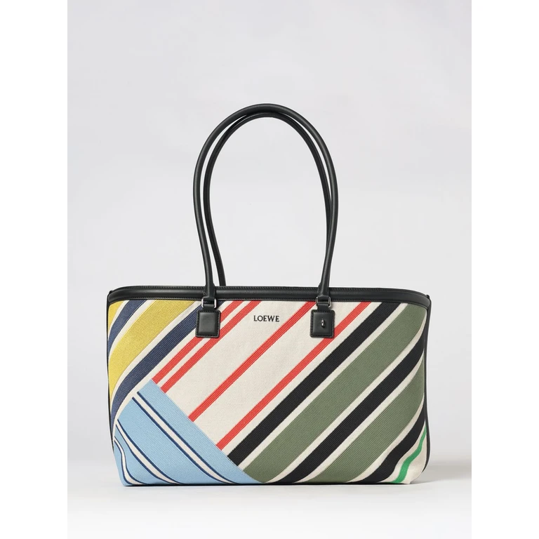 Verano Striped Cotton Canvas Tote Bag with Leather Handles (A039ATMX022423)