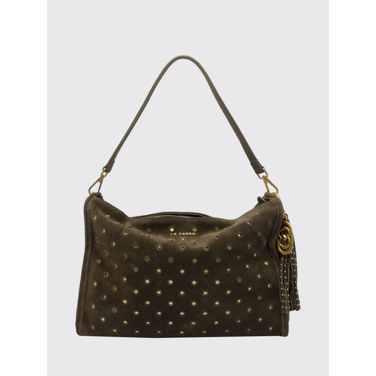 Embroidered Polyester Shoulder Bag with Logo Charm (162PMD240SUEDARKGREEN)