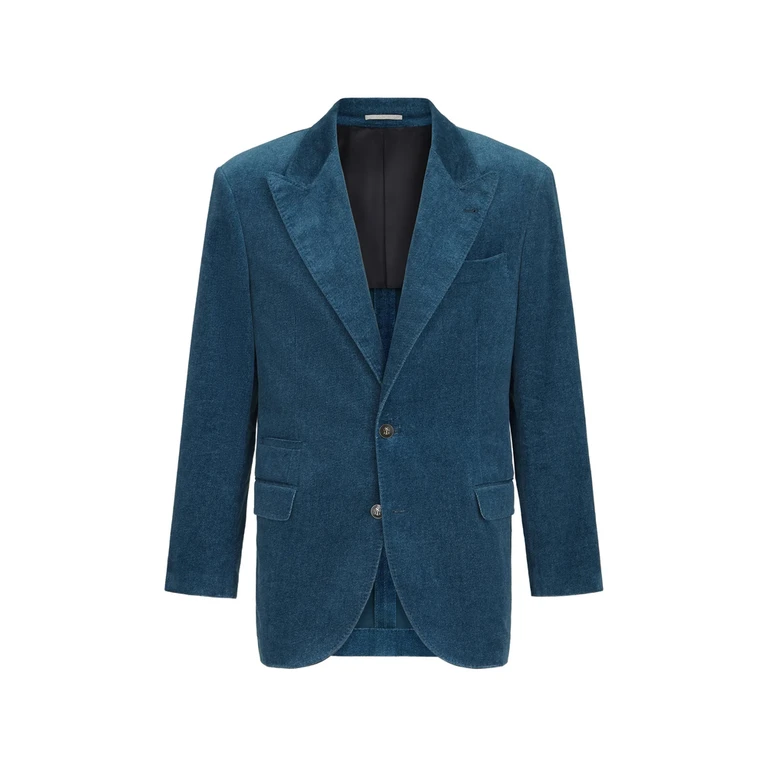 Blazer Tailor in velluto di cotone effetto denim con rever a punta Brunello Cucinelli