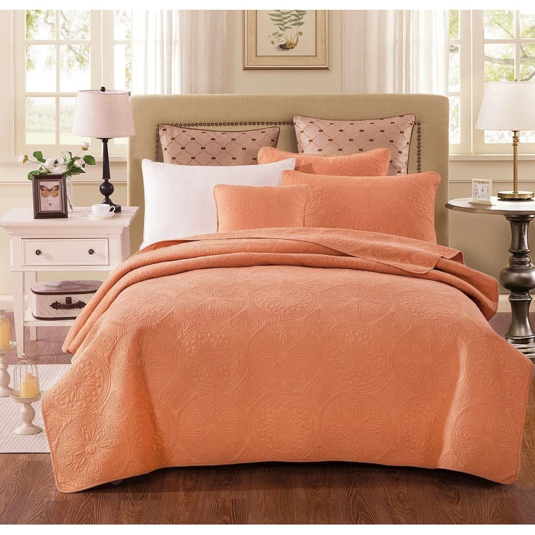 Tache Tuscany Sunrise Medallion Orange Rustic Stone Washed Cotton Quilt Set (JHW-595)