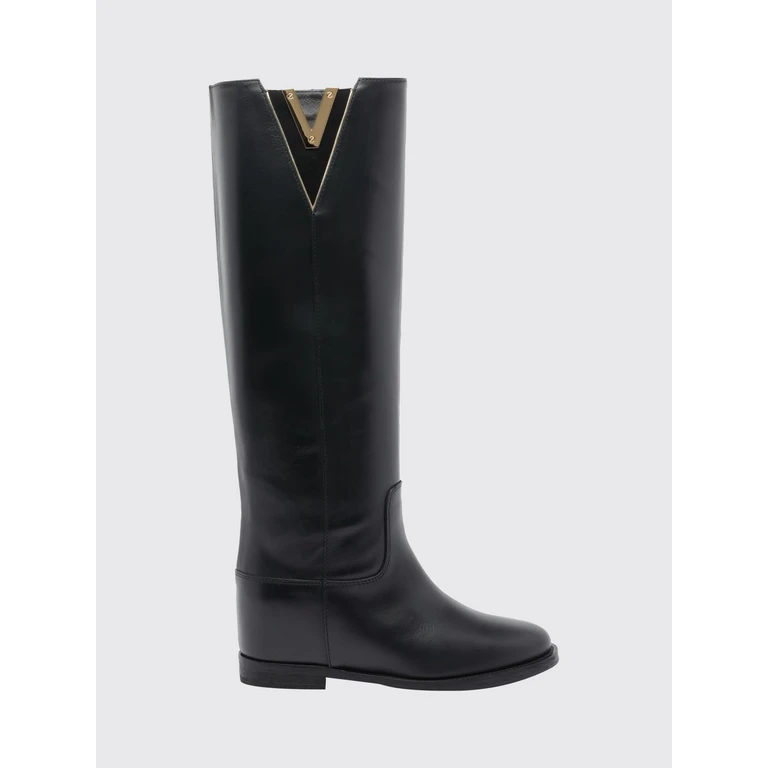 Knee-High Wedge Boots in Calfskin Leather with Logo (4259NERO)