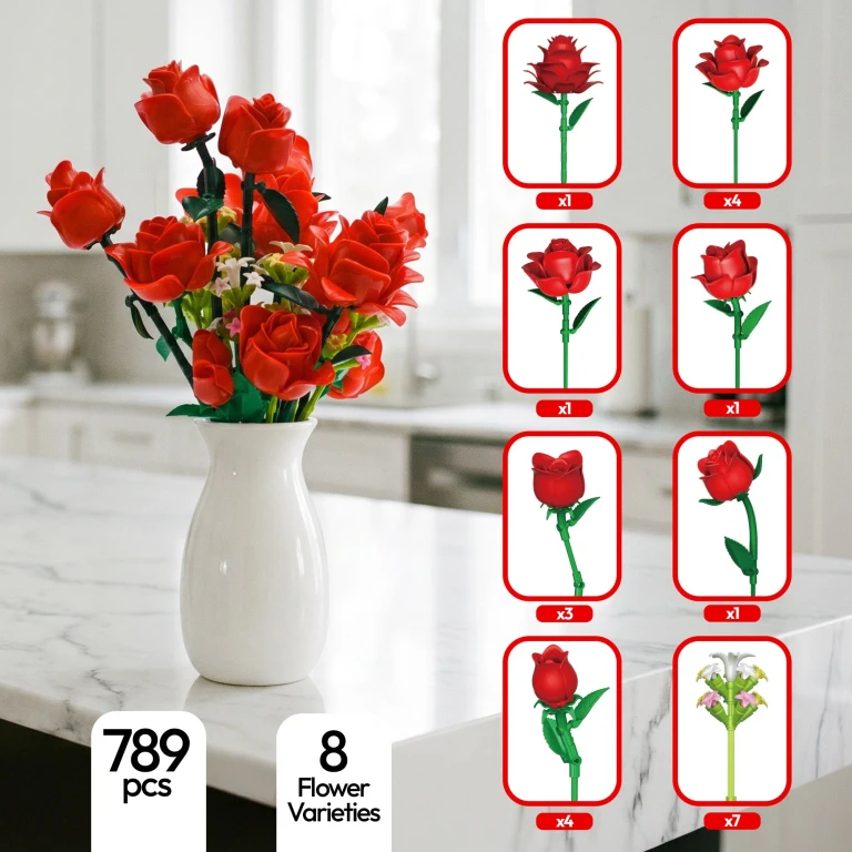 BK09 Rose Bouquet Set, 789-Piece Red Rose Flower Building Blocks Kit With Adjustable Stems, Romantic Gift & Home Décor for Ages 8+