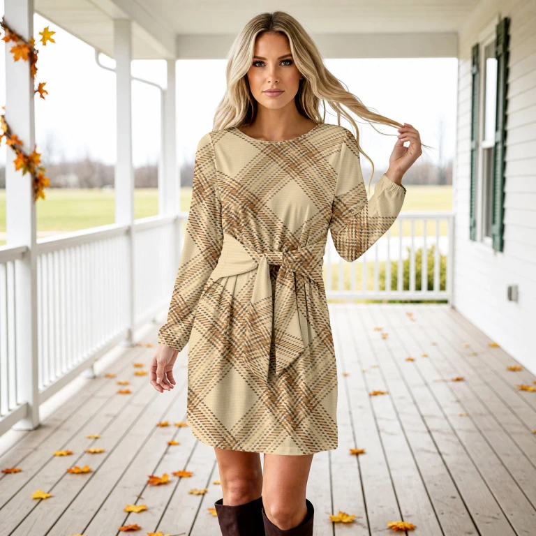 Cream and Beige Long Sleeve Front Tie-Waist Dress by Bon Apple Tea
