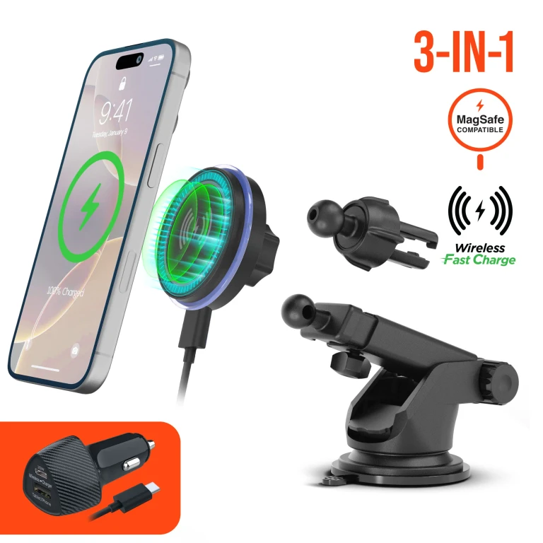 15W Magnetic Wireless Fast Charging Phone Mount 3-in-1 MagSafe-Compatible Car Mount