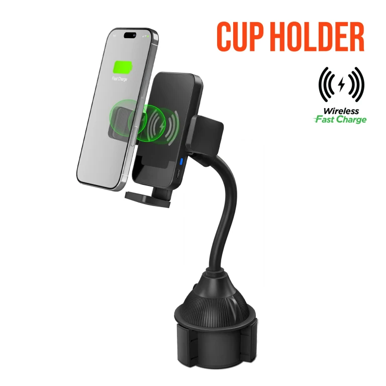 15W Wireless Fast Charging Phone Mount - Cup Holder Car Mount with Flexible Gooseneck
