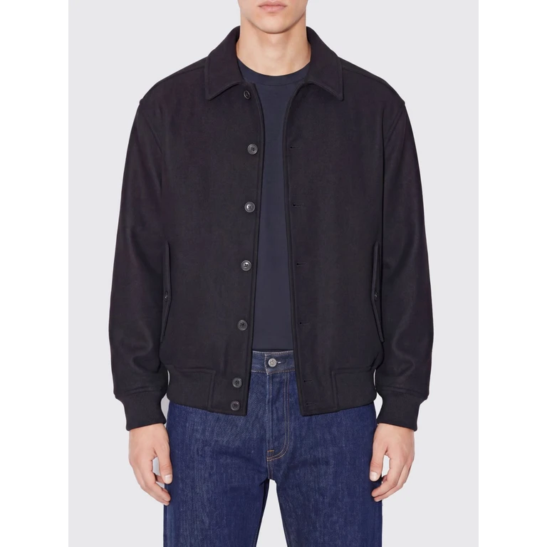 Black Wool Blend Bomber Jacket with Classic Collar and Flap Pockets (795727003)