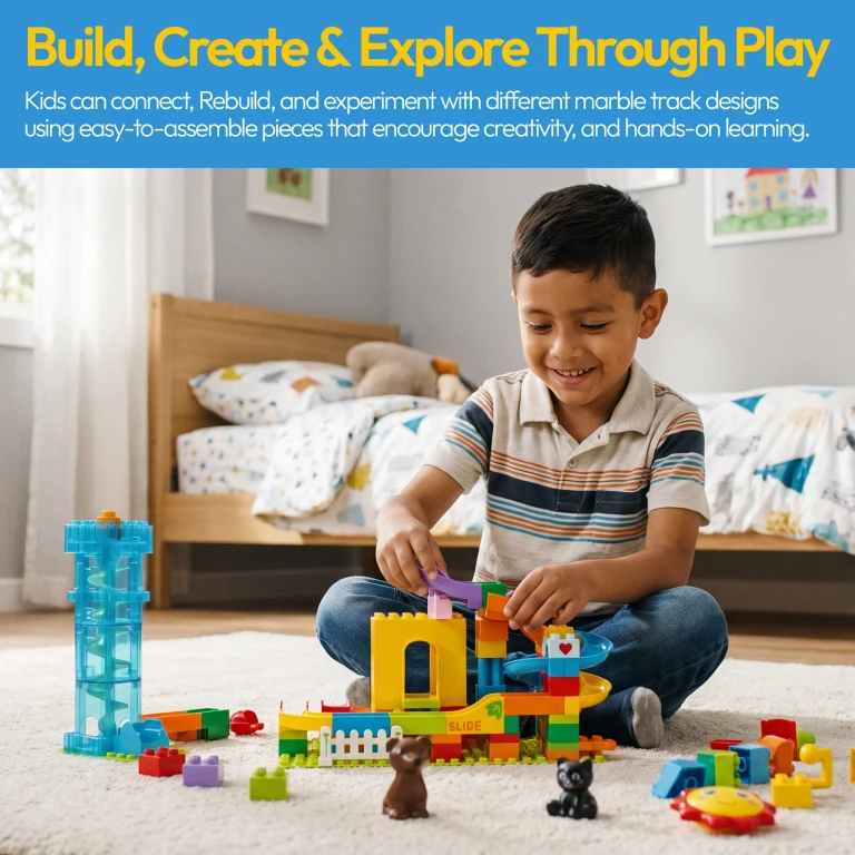 MK1 Marble Run Building Blocks Set, 118PCS STEM Construction Toy With Elevator Lift, Rabbit House Track Toys for Boy's Girl's Kids Ages 3+