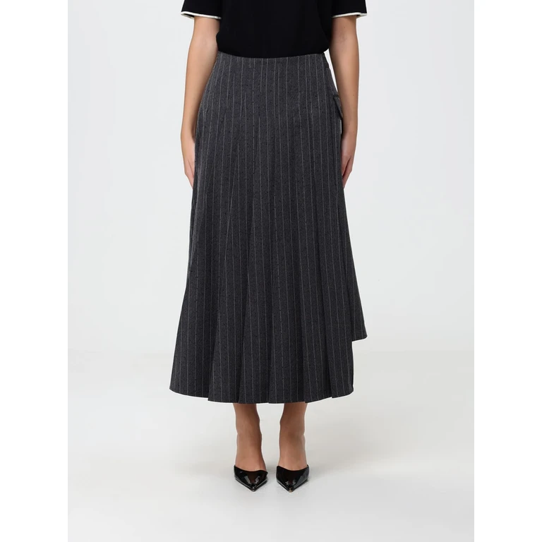 High-Waisted Asymmetrical Pinstripe Midi Skirt with Rhinestones (B3W12020255)