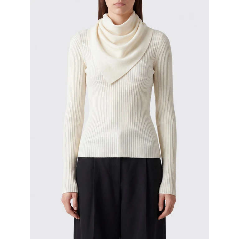 Long-Sleeved Ribbed Merino Wool Top with Pussy-Bow Neck (9480TF261CRM)