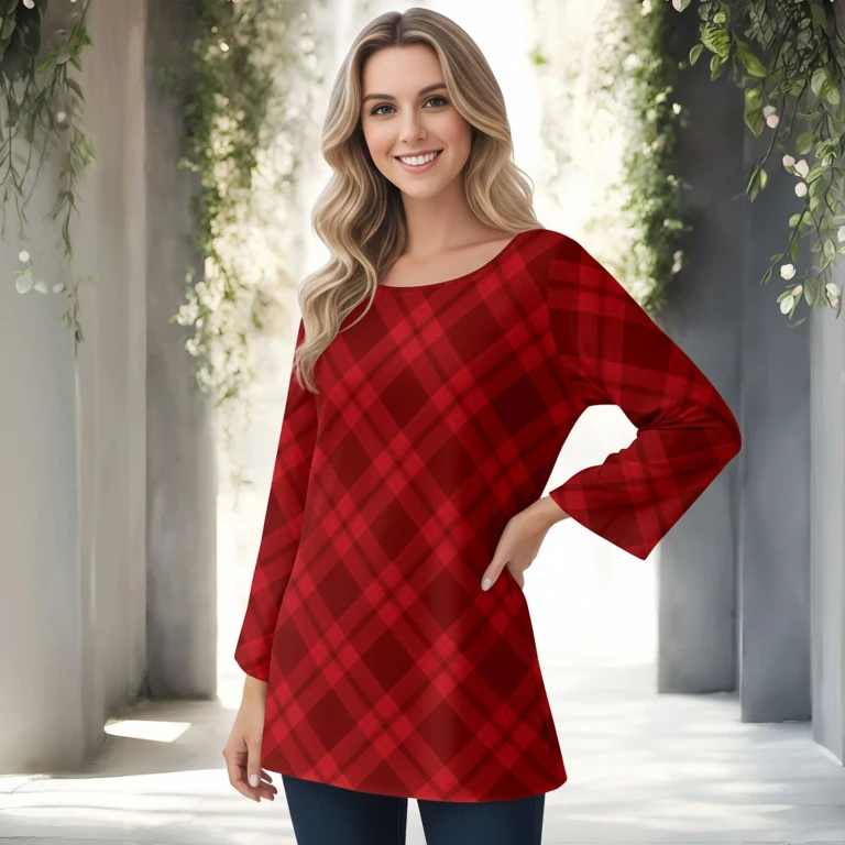 Red Long Sleeve Round Neck Tunic by Bon Apple Tea
