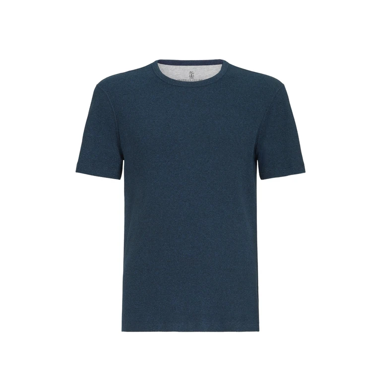 T-shirt girocollo in jersey di cotone rigato effetto denim Brunello Cucinelli