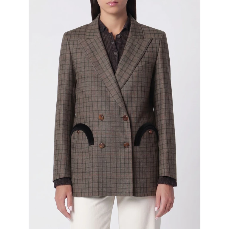 Check Pattern Virgin Wool and Cashmere Double-Breasted Blazer (BZEBD17OLMVM02)