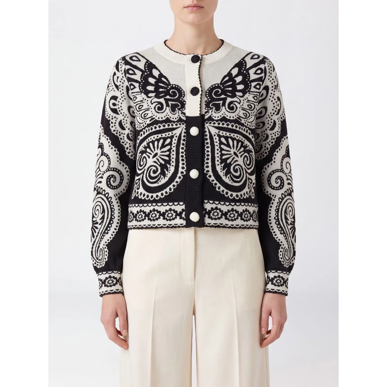 Abstrakter Jacquard-Strick-Cardigan mit Rundhalsausschnitt und Knopfverschluss