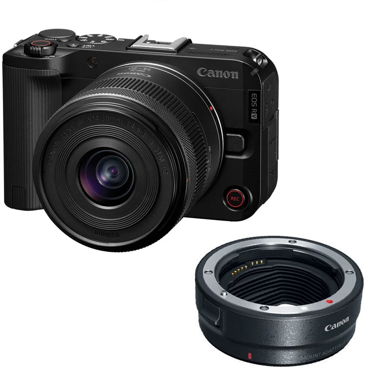EOS R50 V Systemkamera mit RF-S 14-30mm f/4-6.3 IS STM PZ Objektiv und EF-EOS R Mount-Adapter