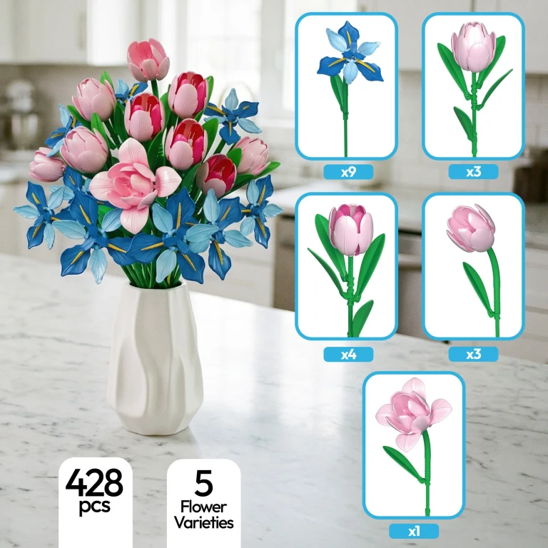 BK08 Buildable Flower Bouquet Set, 428-Piece Pink & Blue Flower Building Blocks Kit With Adjustable Stems, Creative Décor Gift for Ages 8+