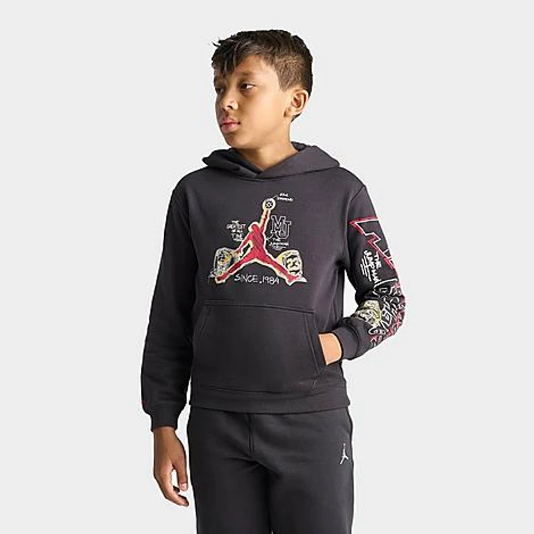 Jordan Big Kids Bling Ring Graphic Pullover Hoodie in Off Noir Size: Small