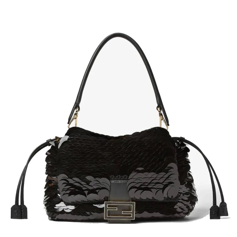 Medium Baguette Sequins Soft Bag In Black