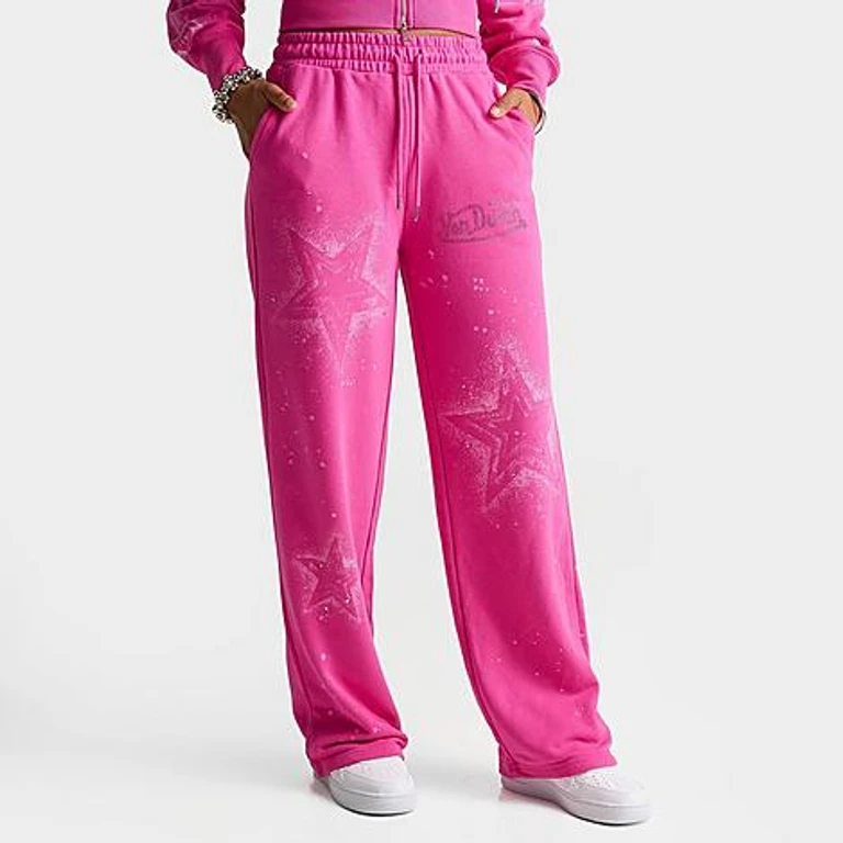 Women's Spray Paint Star Mid-Rise Wide-Leg Sweatpants in Raspberry Rose Size: Small