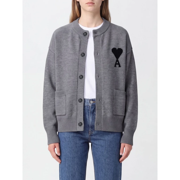 rode wollen cardigan met ronde hals en contrasterend geborduurd logo