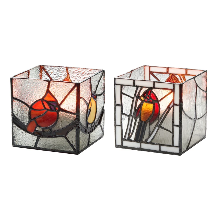 Beautiful Birds Stained Glass Candle Holder Set