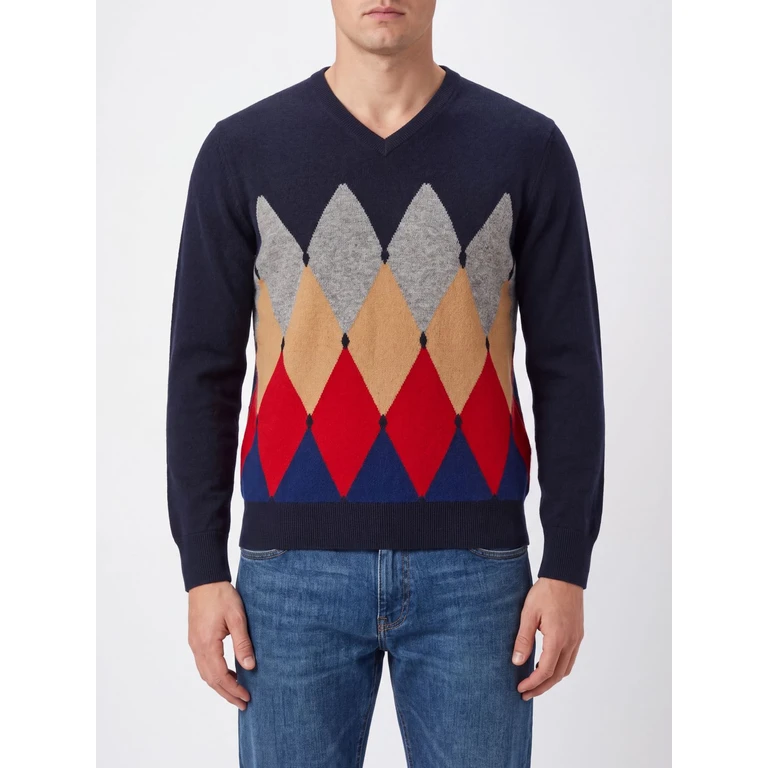 argyle patroon 100% kasjmier crewneck trui