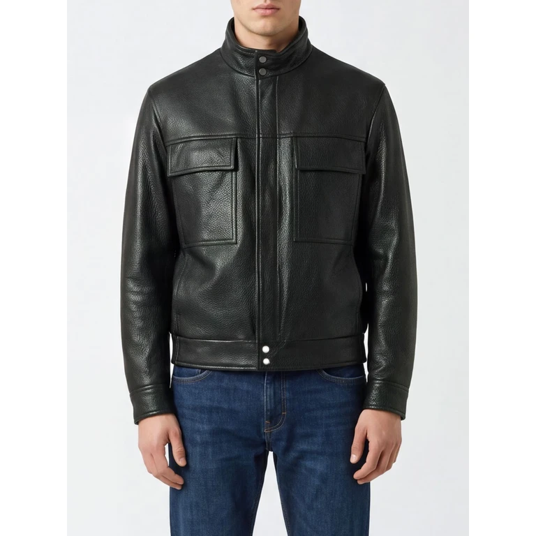 Grained Leather Jacket with High Neck and Patch Pockets (51530BULSBLACK)
