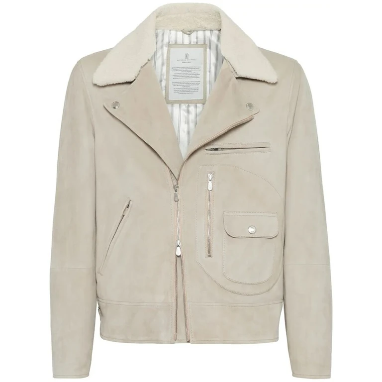 Mens Beige Leather Shearling Jacket