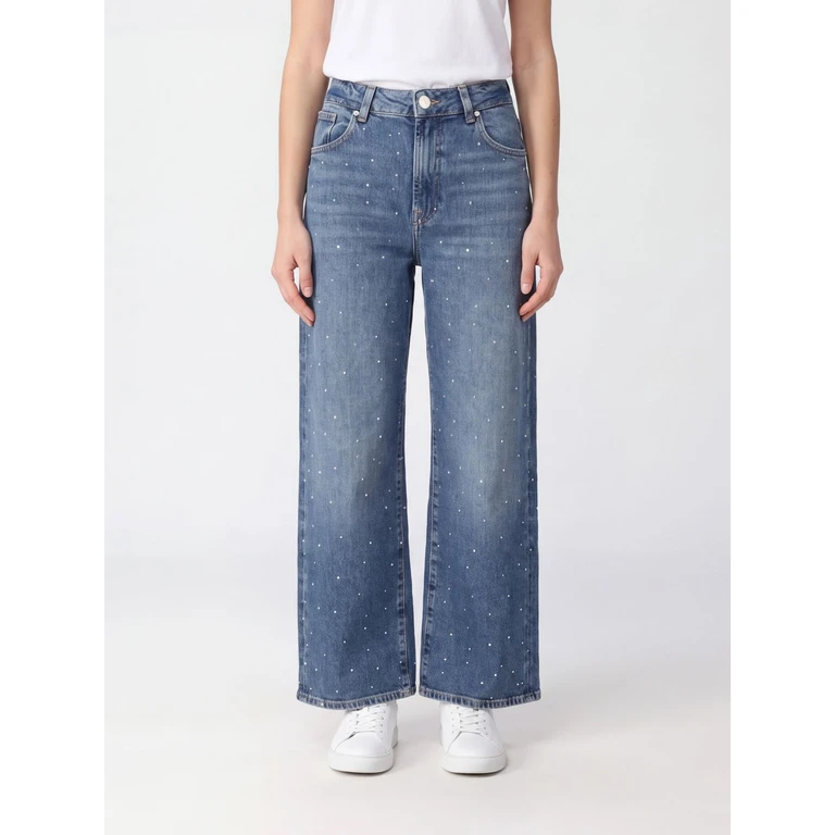 High-Waisted Wide Leg Jeans in Denim with Rhinestone Application (7U7B0K853NK)