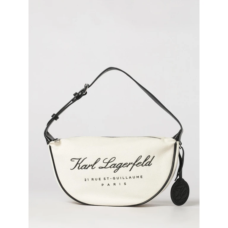 Ivory Canvas Shoulder Bag with Embroidered Logo and Charm (231W3098106)
