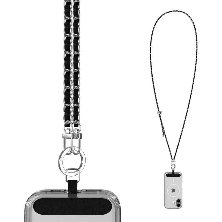Crossbody Phone Strap - Silver Chain & Black Vegan Leather Phone Lanyard
