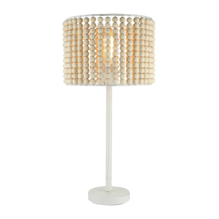 25" Eliza White Metal & Tan Wood Beaded Drum Shade Table Lamp