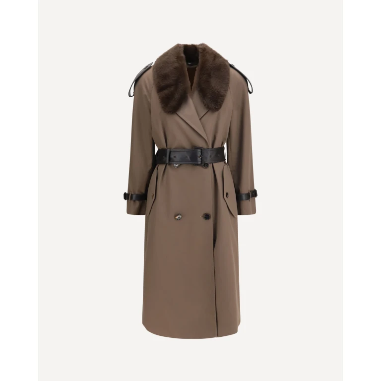 Long cotton Trench Coat with buffalo leather collar Female 8