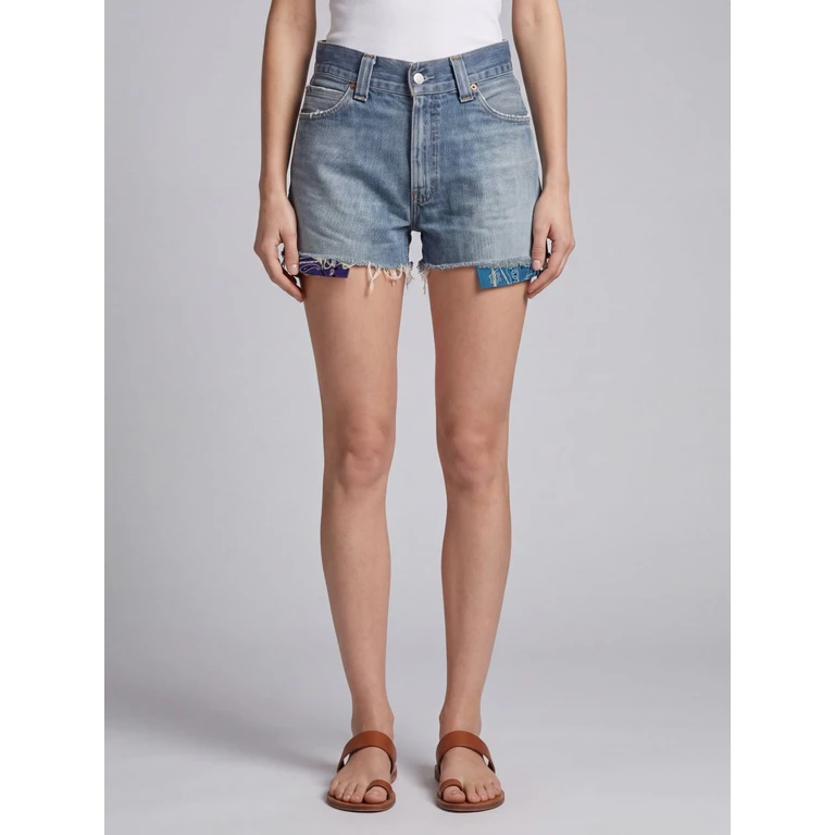 High-Waisted Denim Shorts with Frayed Hem and Bandana Motif (26SHTPA013PURPLEBLU)
